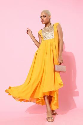 solid polyester round neck women's knee length dress - mustard