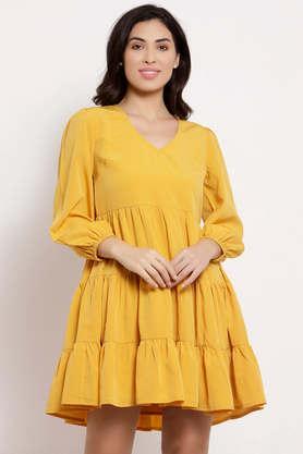 solid polyester round neck women's knee length dress - mustard