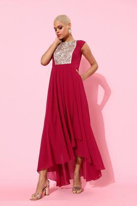 solid polyester round neck women's knee length dress - pink