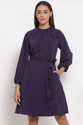 solid polyester round neck women's knee length dress - purple