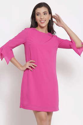 solid polyester round neck women's knee length dress - rose pink