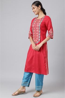 solid polyester round neck women's kurta palazzo dupatta set - red