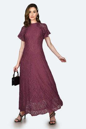 solid polyester round neck women's maxi dress - wine