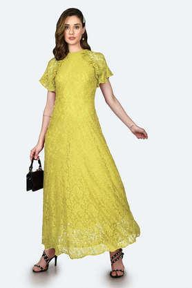 solid polyester round neck women's maxi dress - yellow