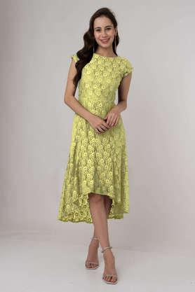 solid polyester round neck women's maxi dress - yellow