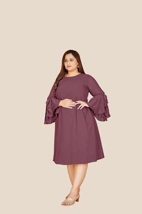 solid polyester round neck women's midi dress - purple