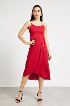solid polyester round neck women's midi dress - red