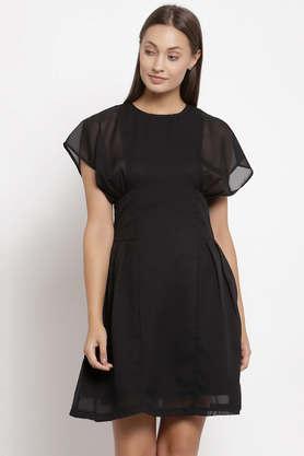 solid polyester round neck women's mini dress - black