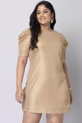 solid polyester round neck women's mini dress - gold