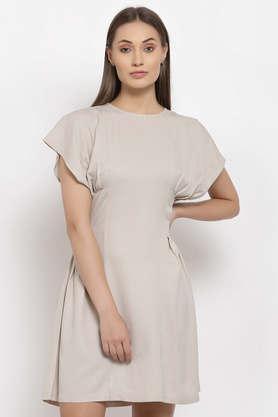 solid polyester round neck women's mini dress - grey