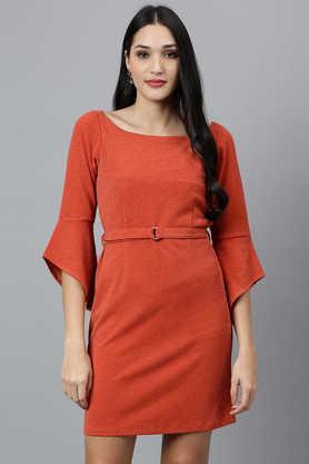 solid polyester round neck women's mini dress - orange