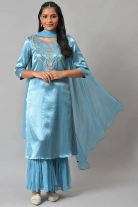 solid polyester round neck women's salwar kurta dupatta set - blue