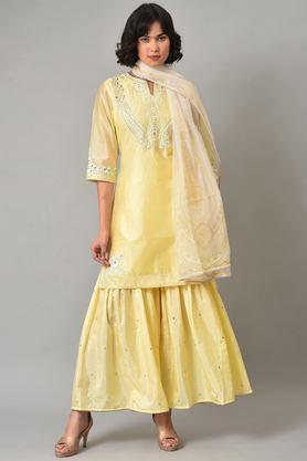 solid polyester round neck women's salwar kurta dupatta set - yellow