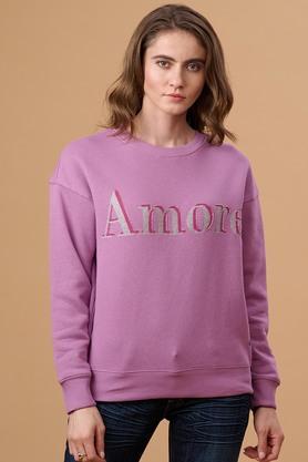 solid polyester round neck women's sweatshirt - lilac