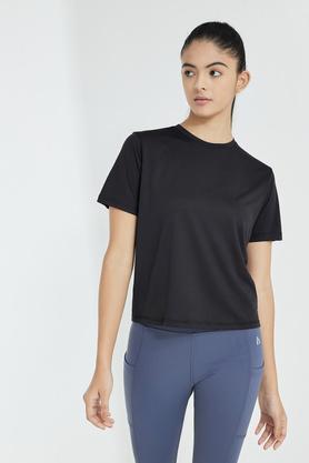 solid polyester round neck women's t-shirt - black