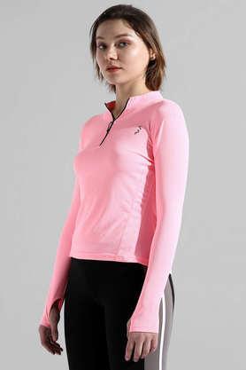 solid polyester round neck women's t-shirt - pink