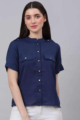 solid polyester round neck women's top - blue