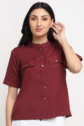 solid polyester round neck women's top - maroon
