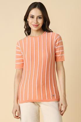 solid polyester round neck women's top - peach