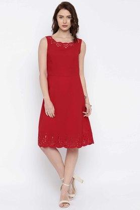 solid polyester round neck womens a-line dress - red