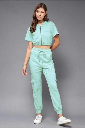 solid polyester round neck womens co-ord set - green