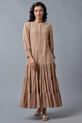 solid polyester round neck womens ethnic dress - pink