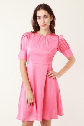 solid polyester round neck womens mini dress - coral