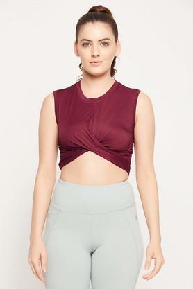 solid polyester round neck womens top - maroon