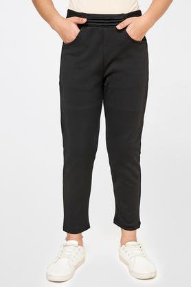 solid polyester slim fit girls trousers - black