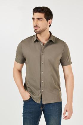 solid polyester slim fit men's casual shirt - olive