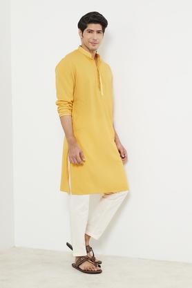 solid polyester slim fit men's long kurta - yellow
