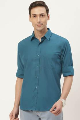 solid polyester slim fit men's work wear shirt - cyan