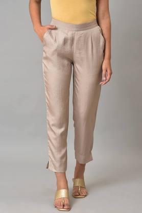 solid polyester slim fit women's casual pants - gold