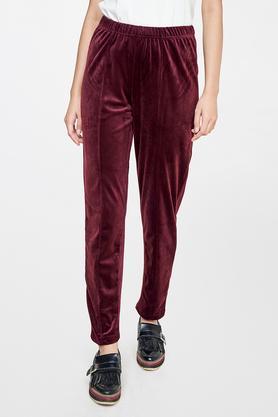 solid polyester slim fit women's casual pants - wine