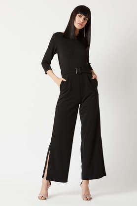 solid polyester slim fit women's jumpsuit - black