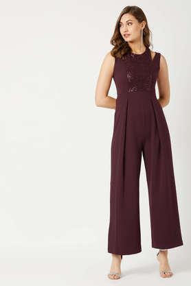 solid polyester slim fit women's jumpsuit - maroon