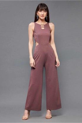 solid polyester slim fit womens regular jumpsuit - mauve