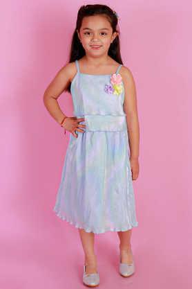 solid polyester square neck girls top & skirt set - blue