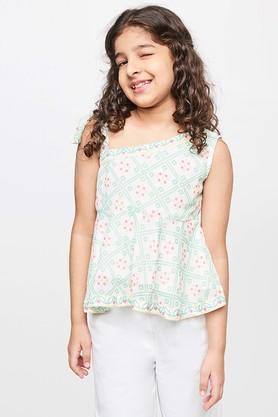 solid polyester square neck girls top - white
