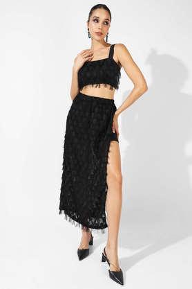 solid polyester square neck women's co-ord set with fringing - black