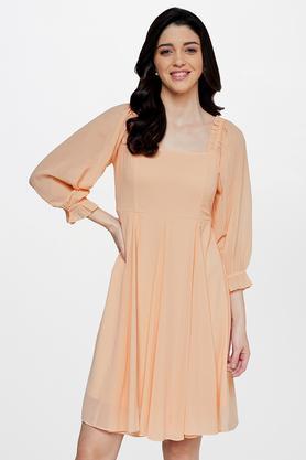 solid polyester square neck women's knee length dress - peach