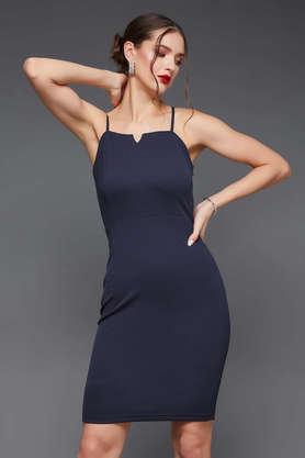 solid polyester square neck women's mini dress - navy
