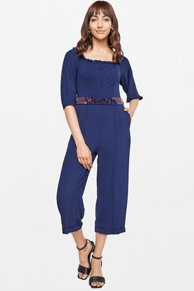 solid polyester straight fit women's ankle length jumpsuit - navy