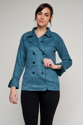 solid polyester straight fit women's jacket - teal