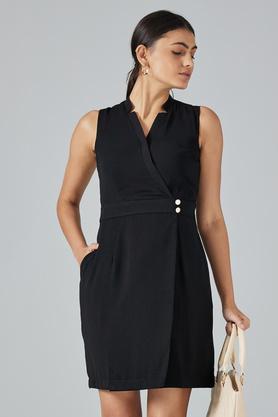 solid polyester straight fit women's knee length dress - black