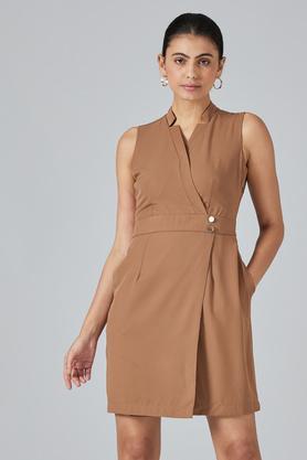 solid polyester straight fit women's knee length dress - brown