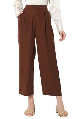 solid polyester straight fit women's pants - brown