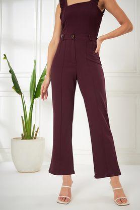 solid polyester straight fit women's pants - maroon