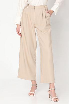 solid polyester straight fit women's trousers - brown