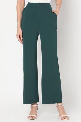 solid polyester straight fit women's trousers - green